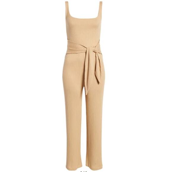 Reformation Kazu Jumpsuit Small Brown Tan Wide Leg Ribbed Knit One Piece Neutral - Picture 13 of 16